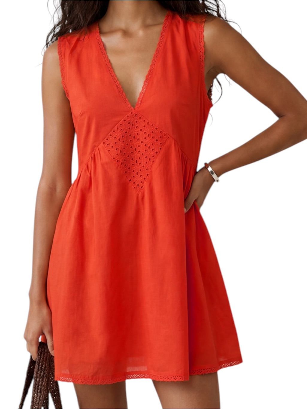 Kourt Few Moda Tatiana Dress Orange V-Neck Sleeveless Eyelet Lace Trim Nwt